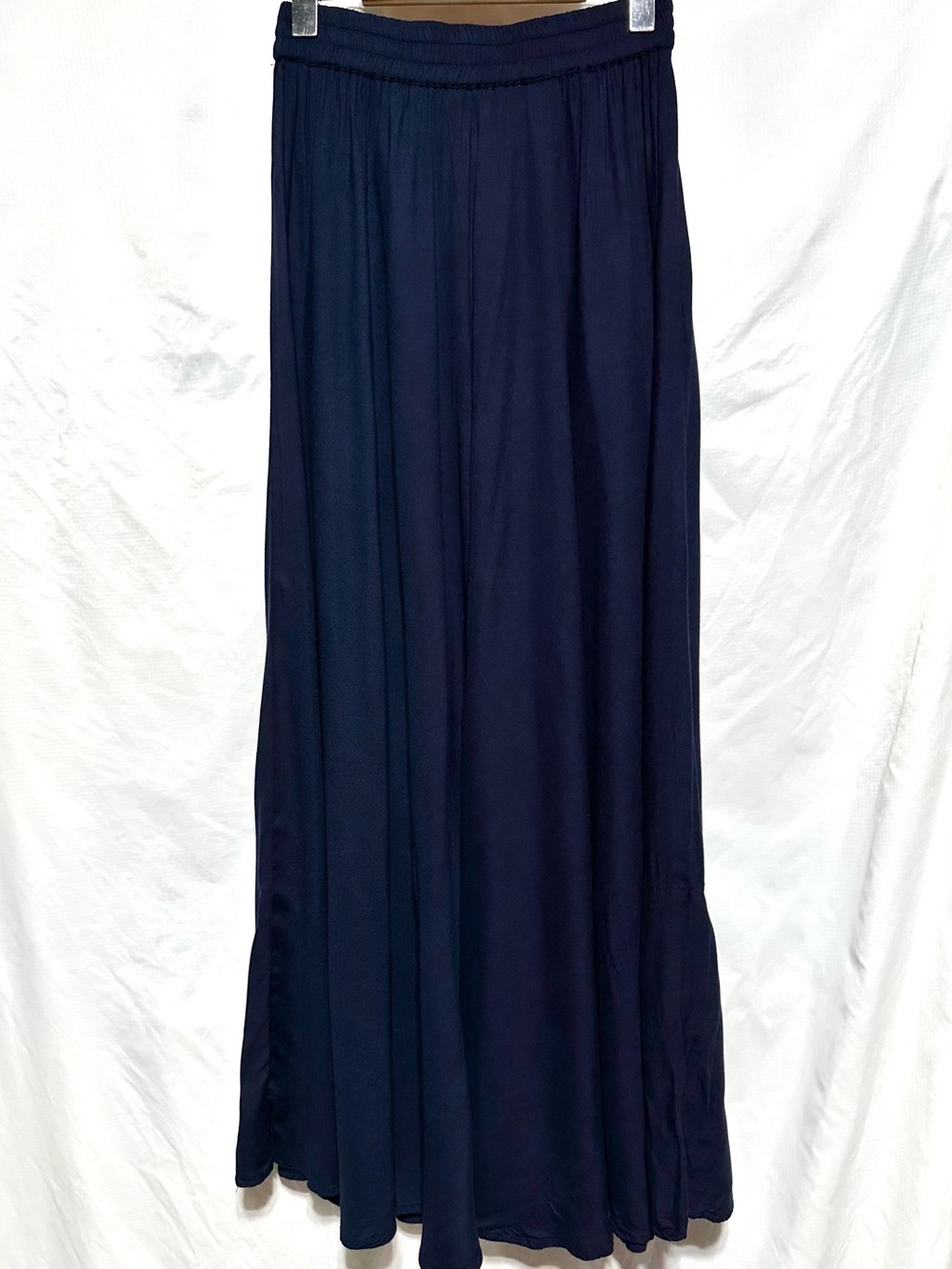 Navy Blue Flowy Maxi Skirt Full Sweep Boho Artsy Elastic Waist Gauzy
